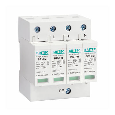 Wechselstrom Iimp 7KA 4P T1 + T2 / Klasse B + C 3 Phase Industrieller Stromüberschussschutz, 275 V Din Rail Mount Thunder Arrester